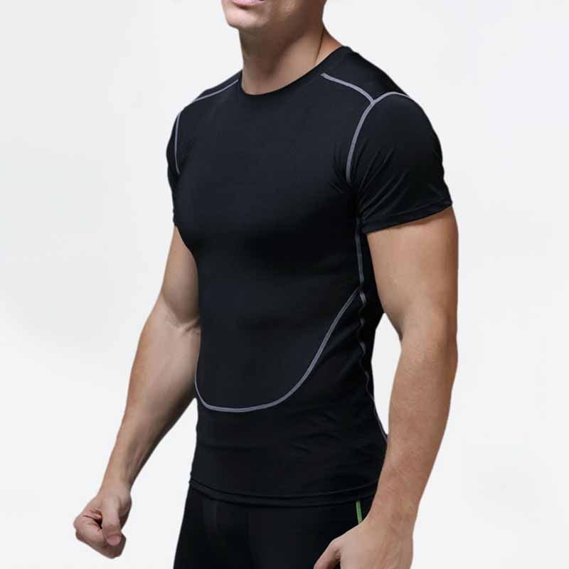 Men Casual Basic Stripe Quick Drying Short Sleeve Round Neck Sports Tight T-Shirt